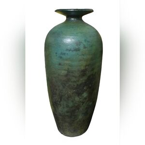 Vintage Studio green  raku Pottery Vase signed 10"